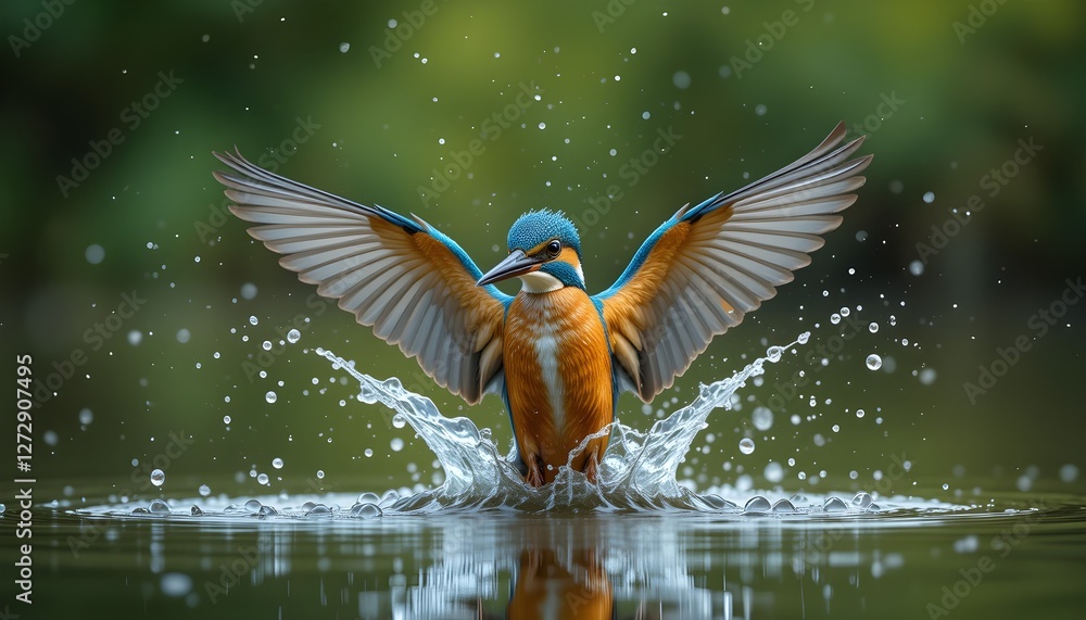 Obraz premium Kingfisher in Action – Emerging from Water with Wings Spread Wide