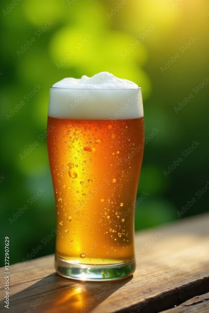A refreshing pint of golden beer, condensation clinging to the glass, sits on a sun-drenched wooden surface, the vibrant green background hinting at a summer's day. A refreshing pint of golden beer, condensation clinging to the glass, sits on a sun-drenched wooden surface, the vibrant green background hinting at a summer's day.