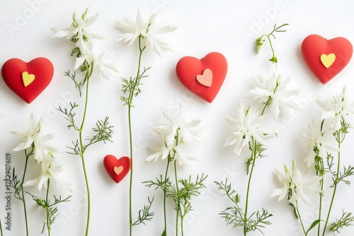 Playful Women's Day poster with playful heart shapes and playful white columbines on a fun-loving white backdrop.