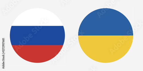 Flags of Russia and Ukraine. Russia and Ukraine circle flag. Button flag icon. Standard color. Circle icon flag. Digital illustration. Vector illustration.