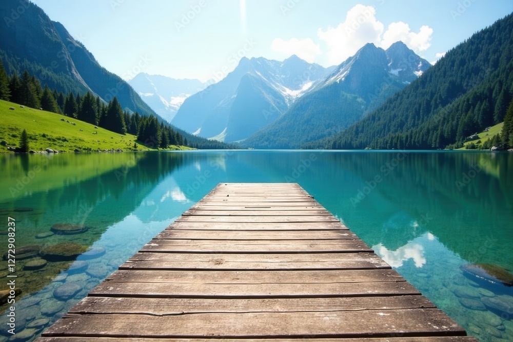 Serene Mountain Lake View with Wooden Dock Extending into Crystal Clear Water Serene Mountain Lake View with Wooden Dock Extending into Crystal Clear Water