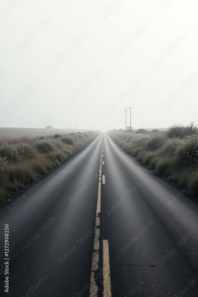 Fototapeta premium A long, straight asphalt road disappears into a misty horizon, flanked by wild grasses under a pale sky