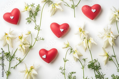 Playful Women's Day poster with playful heart shapes and playful white columbines on a fun-loving white background.