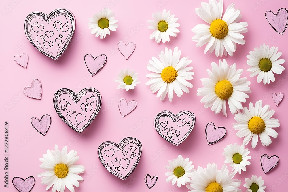 Playful Women's Day banner with doodle hearts and sprightly daisies on a playful pink background. Playful Women's Day banner with doodle hearts and sprightly daisies on a playful pink background.