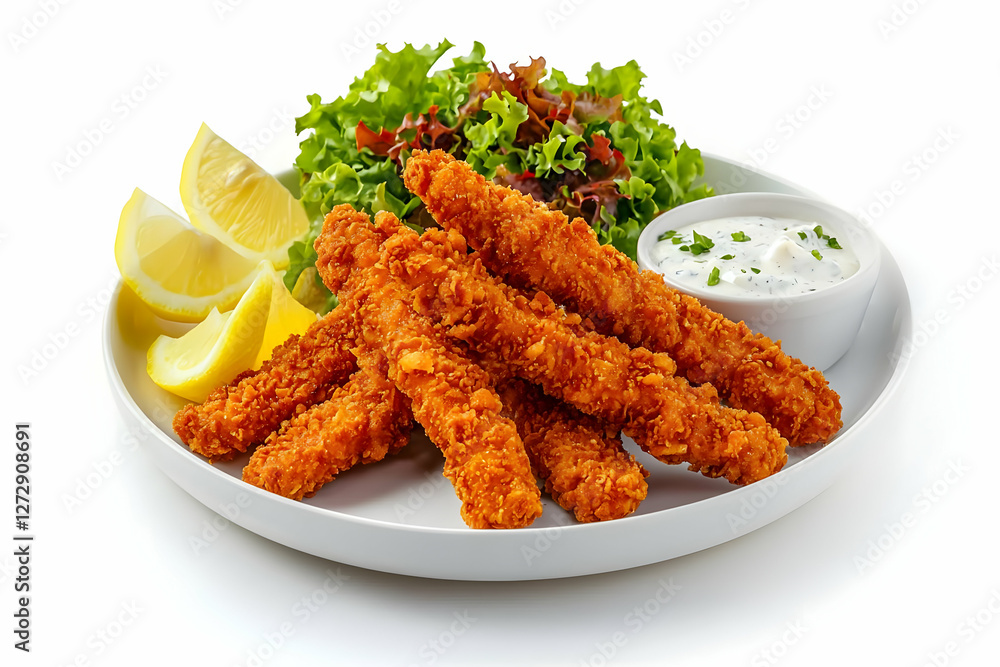 Crispy fish fingers, salad, lemon, sauce. Food photography for menus Crispy fish fingers, salad, lemon, sauce. Food photography for menus