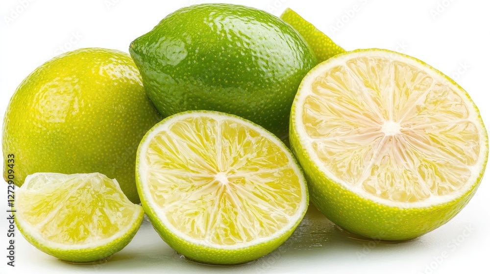 Fresh limes, whole and sliced, studio shot Fresh limes, whole and sliced, studio shot