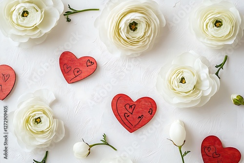 Quirky Women's Day poster with quirky heart doodles and quirky white ranunculus on a quirky white backdrop.