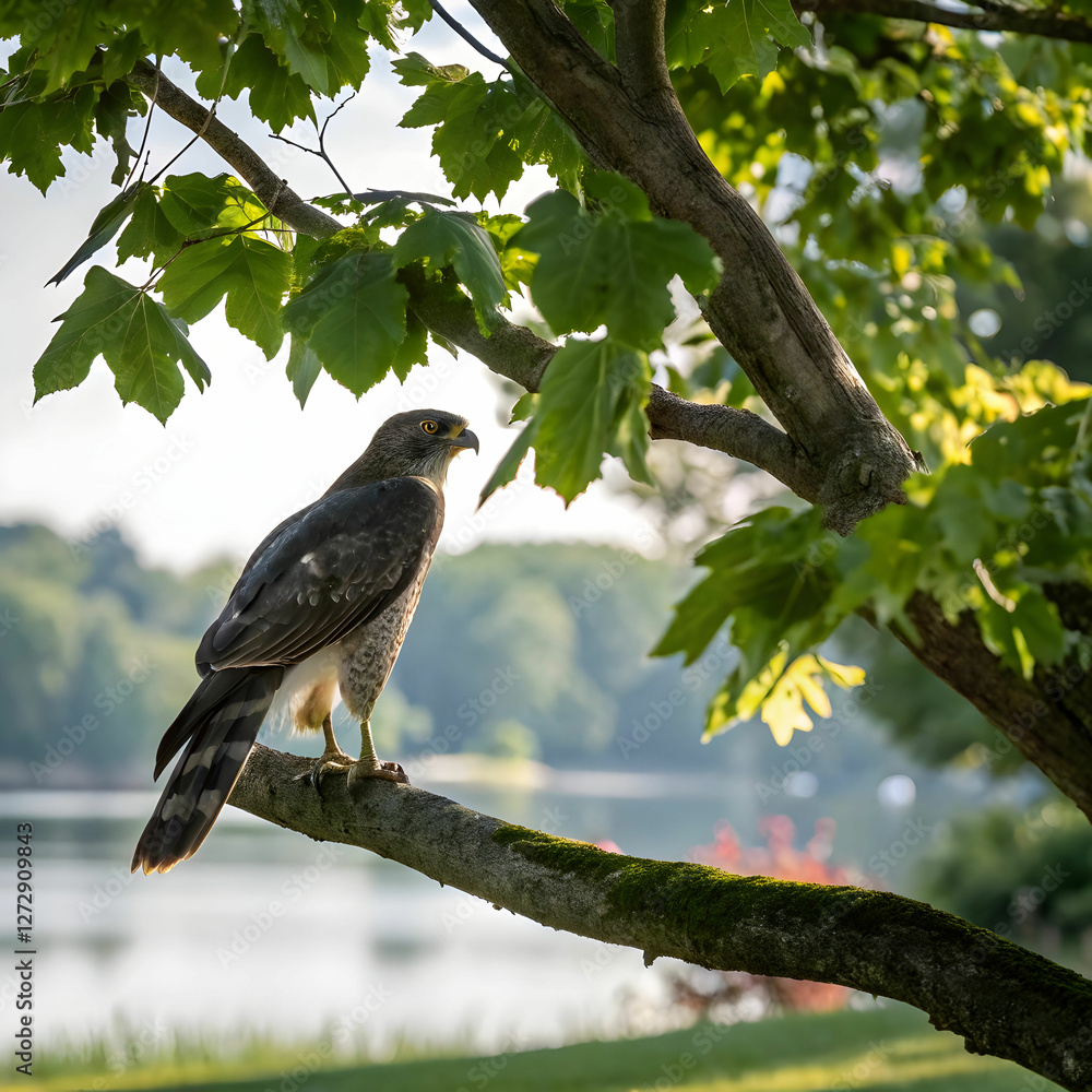 A beautifully detailed 3D render of a colorful bird perched on a tree branch in sunlight.