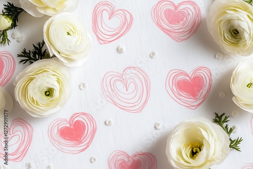 Quirky Women's Day design with quirky heart doodles and quirky white ranunculus on a quirky white backdrop.