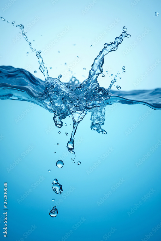 A stunning capture of clear blue water splashing, showcasing the beauty and vitality of moving water droplets. A stunning capture of clear blue water splashing, showcasing the beauty and vitality of moving water droplets.