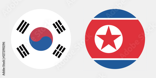 Flags of South Korea and North Korea. Button flag icon. Standard color. Circle icon flag. Digital illustration. Vector illustration.