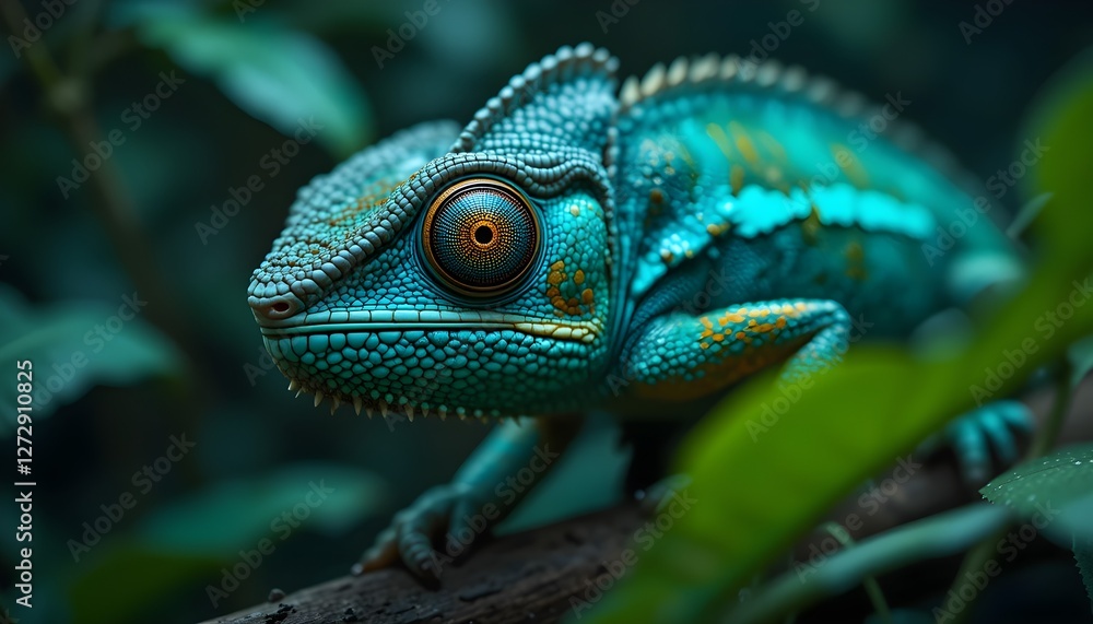 Fototapeta premium Vibrant Turquoise Chameleon on a Branch – Hyper-Realistic Wildlife Portrait