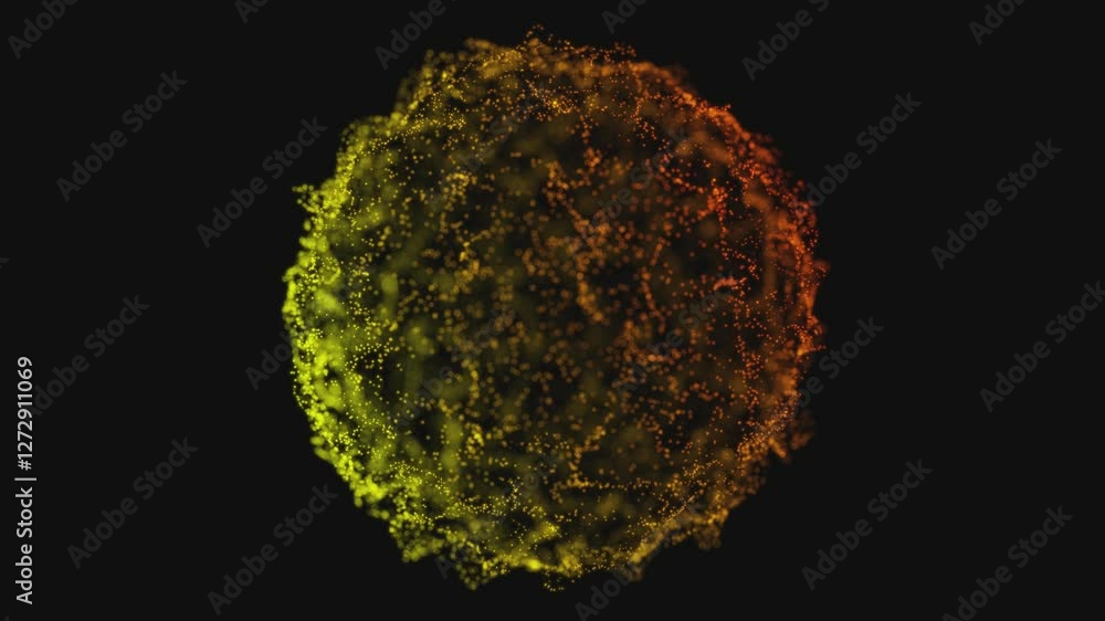 Yellow and orange glowing particle sphere with fluid motion on dark background Yellow and orange glowing particle sphere with fluid motion on dark background