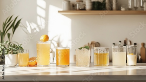A variety of keto-friendly drinks displayed on a clean, minimalist kitchen counter.