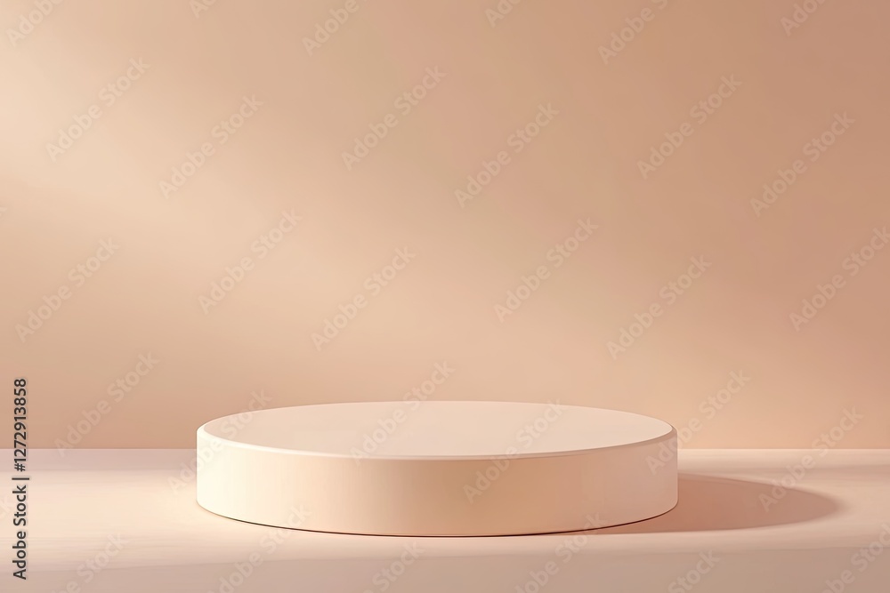 Beige cylindrical display platform, sunlit studio backdrop, product showcase Beige cylindrical display platform, sunlit studio backdrop, product showcase