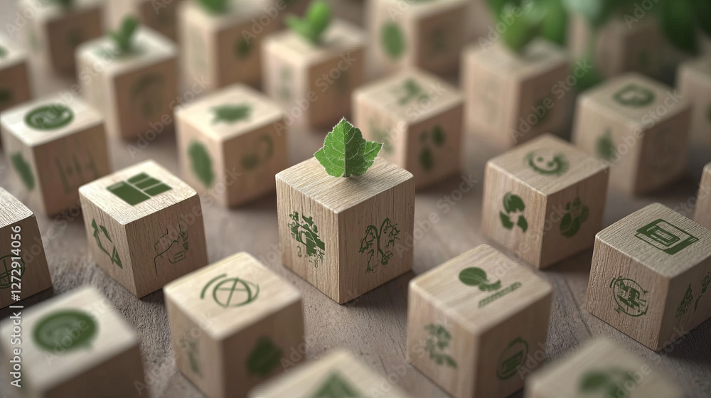 eco-friendly wooden blocks showcasing sustainable development goals with green icons for environmental, social, and governance commitment in corporate social responsibility practices
