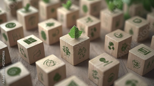 Obraz na płótnie eco-friendly wooden blocks showcasing sustainable development goals with green icons for environmental, social, and governance commitment in corporate social responsibility practices w salonie