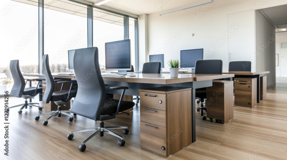 Contemporary Coworking Space with Office Tables and PC Computers by Window Contemporary Coworking Space with Office Tables and PC Computers by Window