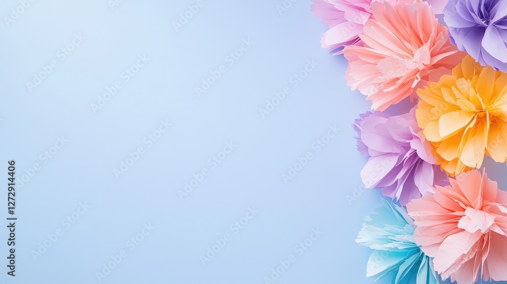 Fototapeta premium Pastel paper flowers on blue background, spring banner