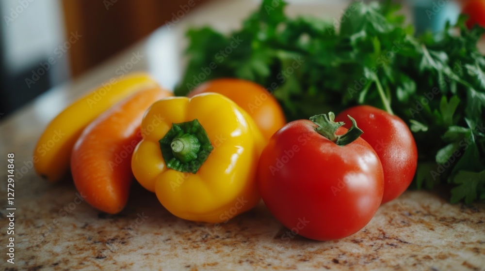 An artistic shot of a colorful fruit and vegetable arrangement on a countertop, emphasizing healthy cooking and fresh ingredients in a vibrant kitchen. An artistic shot of a colorful fruit and vegetable arrangement on a countertop, emphasizing healthy cooking and fresh ingredients in a vibrant kitchen.