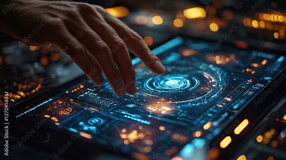 Naklejka premium futuristic businessman using advanced digital tablet to visualize,plan innovative project in a modern high tech environment