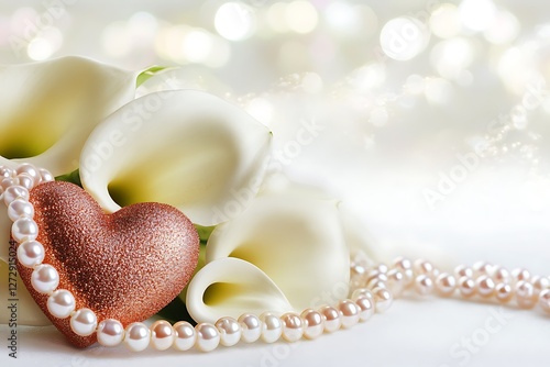 Romantic Women's Day banner with heart-shaped pearls and romantic white calla lilies on a love-filled white background.