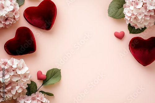 Romantic Women's Day poster with red velvet hearts and soft pink hydrangeas on a light pink background.