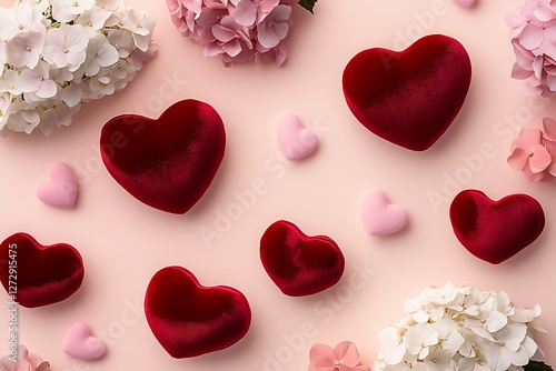 Romantic Women's Day poster with red velvet hearts and soft pink hydrangeas on a light pink background.