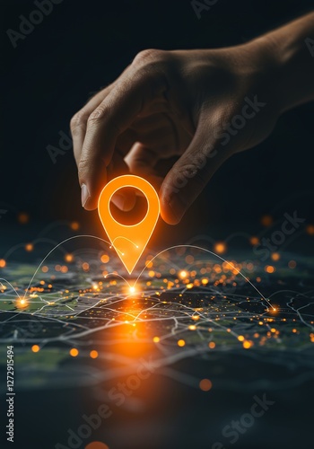 Hand Placing Orange Location Pin on Illuminated Map for Navigation