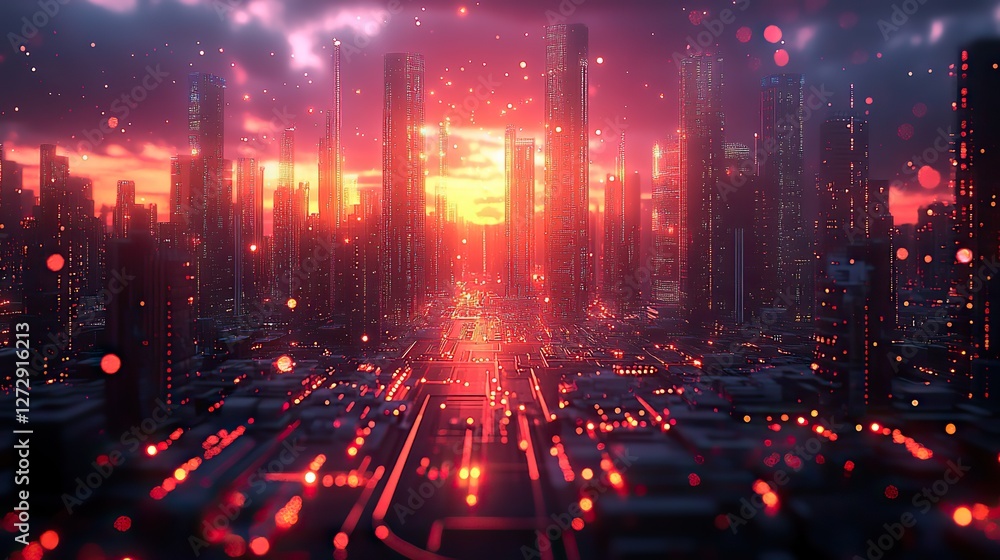 Fototapeta premium futuristic digital metropolis 3d rendered circuitry,motherboard visualization information technology,internet of things hub with dynamic data flow animation