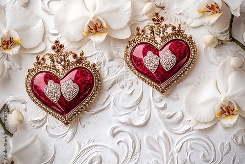 Royal Women's Day poster with royal heart crowns and royal white orchids on a regal white canvas.