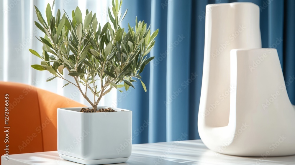 A close-up photo of white square planters with an olive tree inside, on a table in front of blue curtains and an orange chair