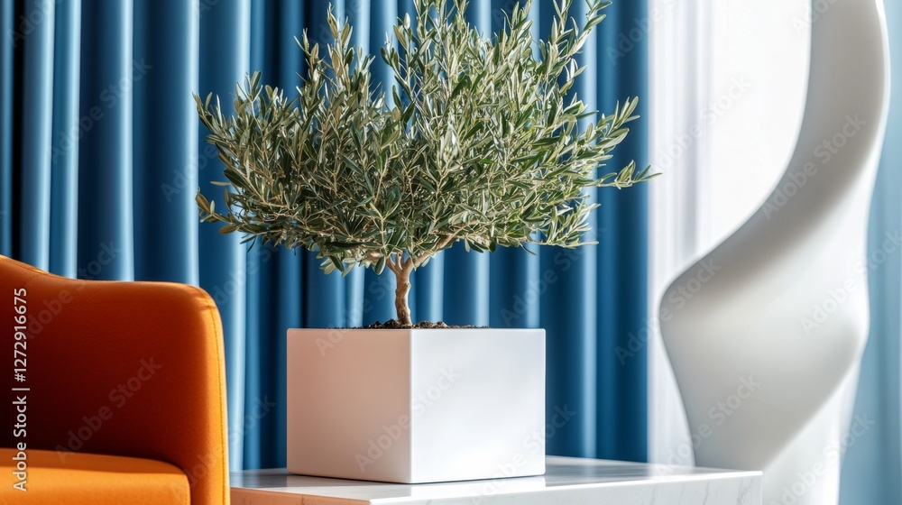 A close-up photo of white square planters with an olive tree inside, on a table in front of blue curtains and an orange chair