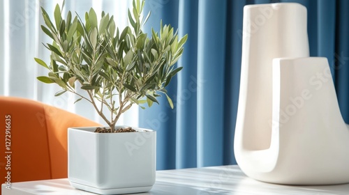 Obraz na płótnie A close-up photo of white square planters with an olive tree inside, on a table in front of blue curtains and an orange chair w salonie