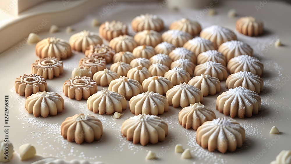 Spiral Maamoul Display: Maamoul cookies arranged in a spiral pattern, with powdered sugar falling like snow, Ramadan Ambience. Spiral Maamoul Display: Maamoul cookies arranged in a spiral pattern, with powdered sugar falling like snow, Ramadan Ambience.