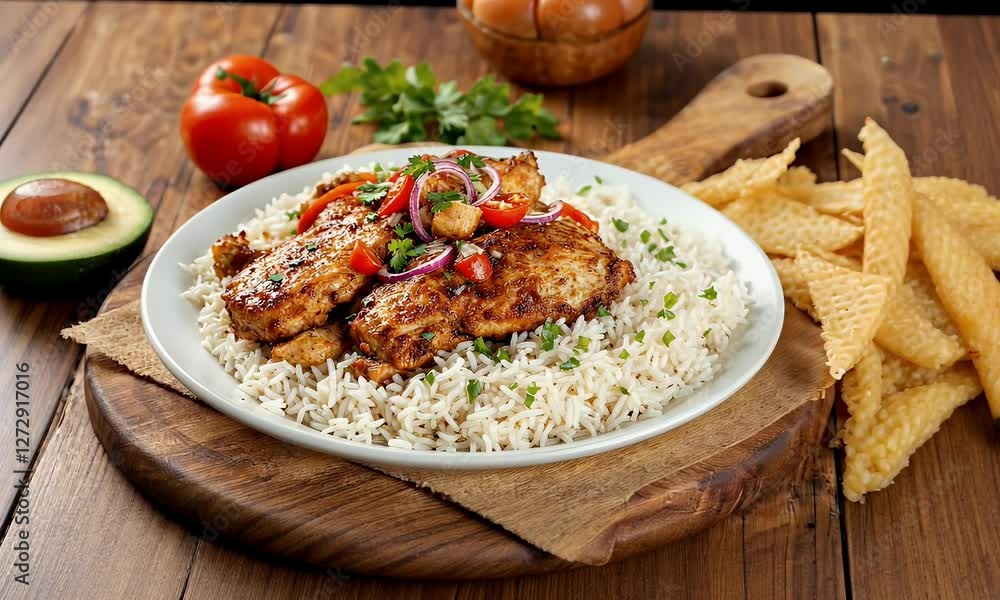 Chicken Doner with Rice on Wooden Board Chicken Doner with Rice on Wooden Board