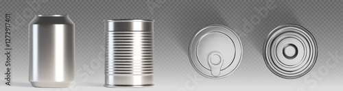 Realistic metal containers and lids collection on transparent background. Smooth beverage can, corrugated food tin, round pull tab cover and standard sealed top mockups. Steel packaging templates.