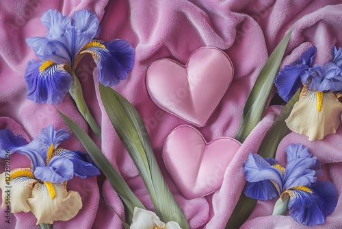 Royal Women's Day design with regal hearts and majestic iris flowers on a royal pink velvet.