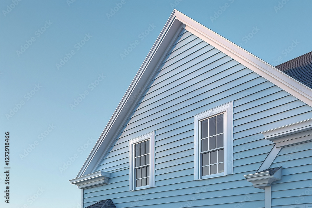 A tranquil slate lavender house standing tall amidst the suburban landscape, its pale blue siding blending harmoniously with the traditional windows and shutters. Against the clear blue sky, A tranquil slate lavender house standing tall amidst the suburban landscape, its pale blue siding blending harmoniously with the traditional windows and shutters. Against the clear blue sky,