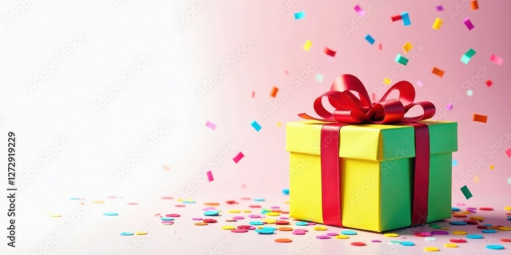 A bright yellow gift box with a vibrant red ribbon, surrounded by colorful confetti, symbolizes celebration and joy. A bright yellow gift box with a vibrant red ribbon, surrounded by colorful confetti, symbolizes celebration and joy.