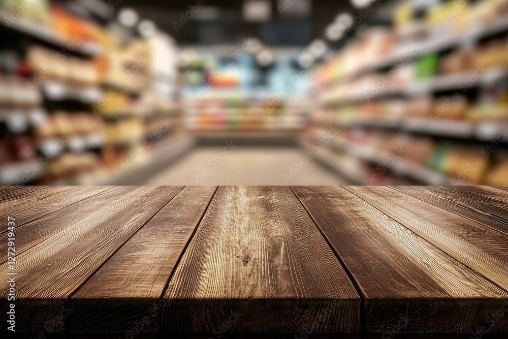 Wooden table in blurred supermarket aisle (5) Wooden table in blurred supermarket aisle (5)