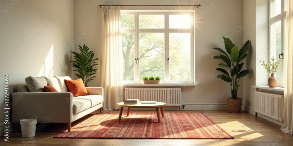 Fototapeta premium Sunlit Living Room Interior Design Featuring a Comfortable Sofa and Lush Greenery
