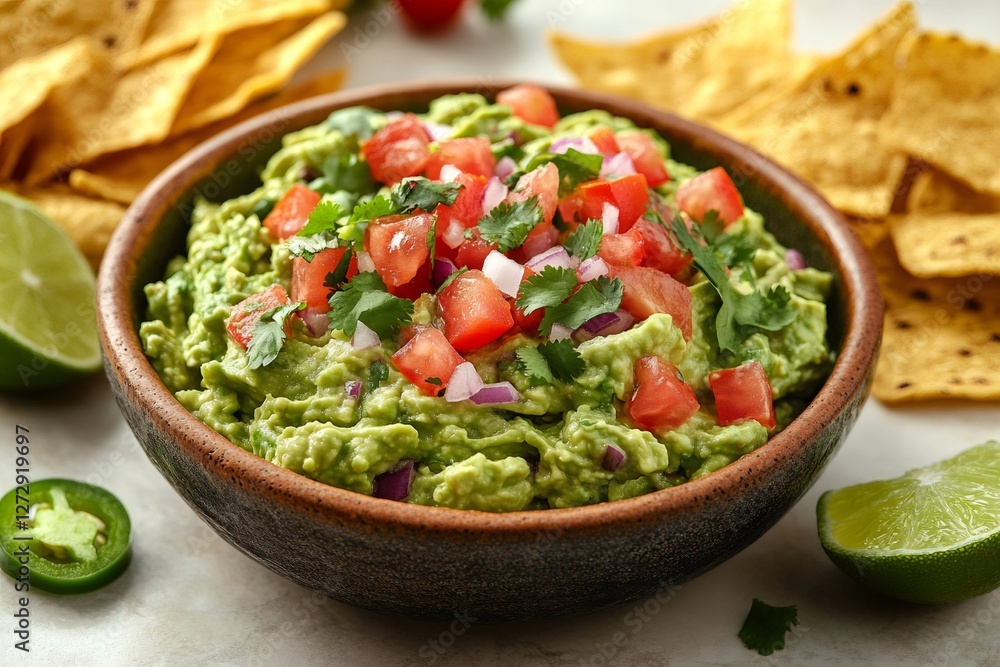 Guacamole with tortilla chips, tomatoes, red onions and cilantro is served in a bowl