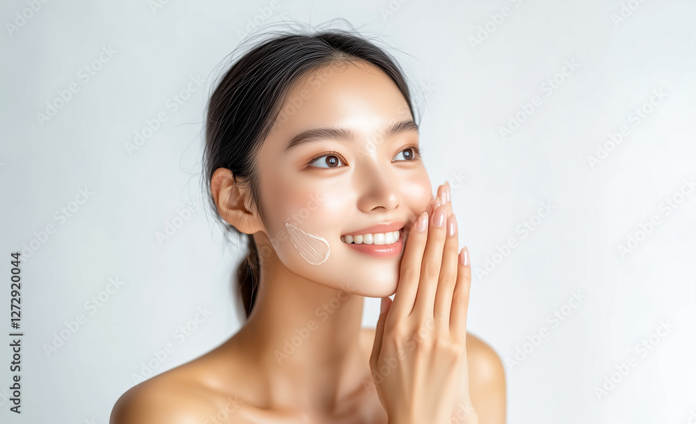 A woman showing radiant skin while applying skincare in a bright environment. A woman showing radiant skin while applying skincare in a bright environment.