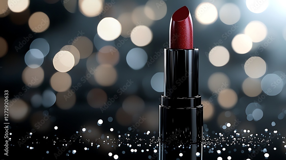 Red lipstick on dark background, bokeh lights, sparkle. Beauty product, cosmetics advertisement Red lipstick on dark background, bokeh lights, sparkle. Beauty product, cosmetics advertisement