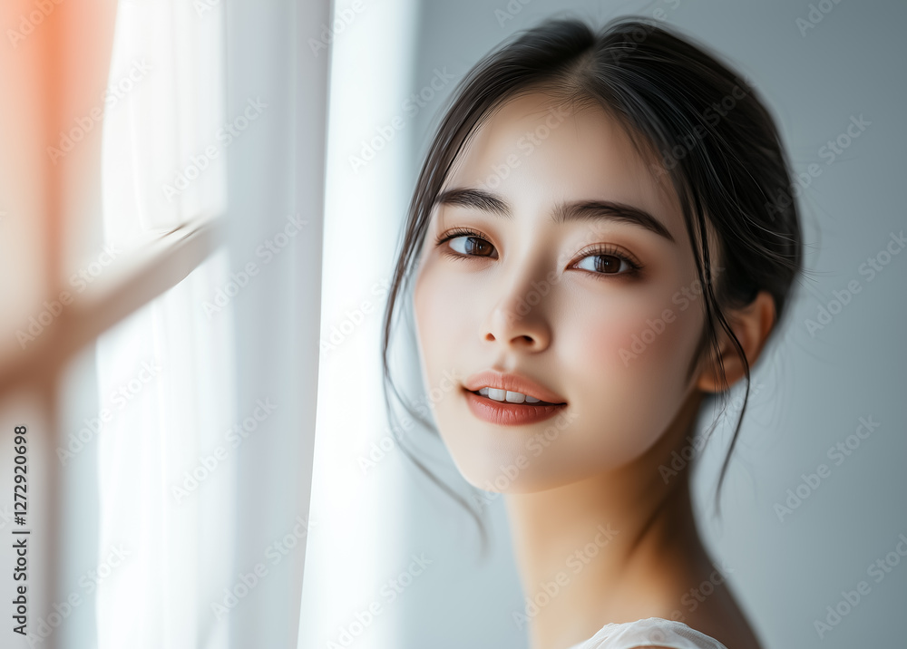 A young woman with a serene expression gazes thoughtfully by the window.