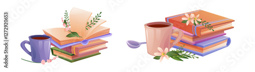 Book stack composition with cups of coffee or tea and tea spoon, gentle blooming pink flowers, opened pages, green grass and leaves. Reading time cozy illustration for library themed design.