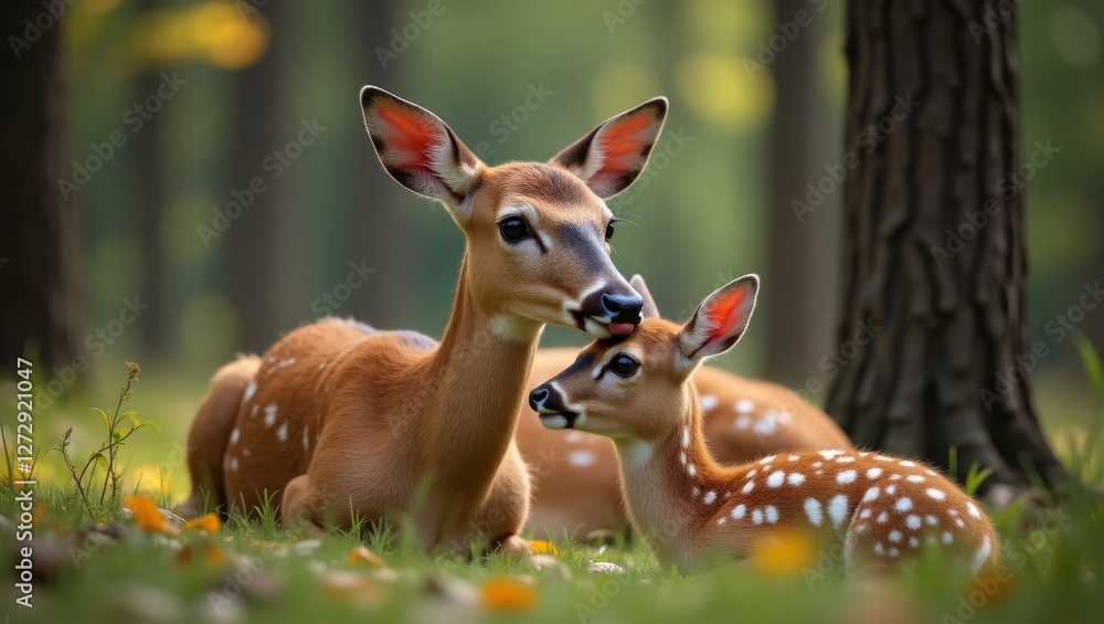 Tender Moment Between Mother Deer and Fawn in a Serene Forest – Intimate Wildlife Photography Tender Moment Between Mother Deer and Fawn in a Serene Forest – Intimate Wildlife Photography