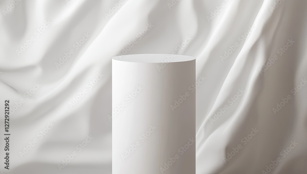 White cylindrical pedestal, fabric backdrop, studio, product display White cylindrical pedestal, fabric backdrop, studio, product display
