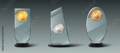Glass trophy collection decorated with ranking medals - gold first place, silver second, bronze third with laurel sign. Transparent 3d award stands in different geometric shapes on dark bases.